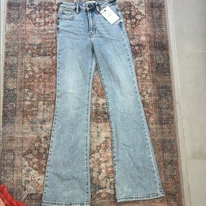 Blue Flare Wide Leg Jeans with Distressed Details